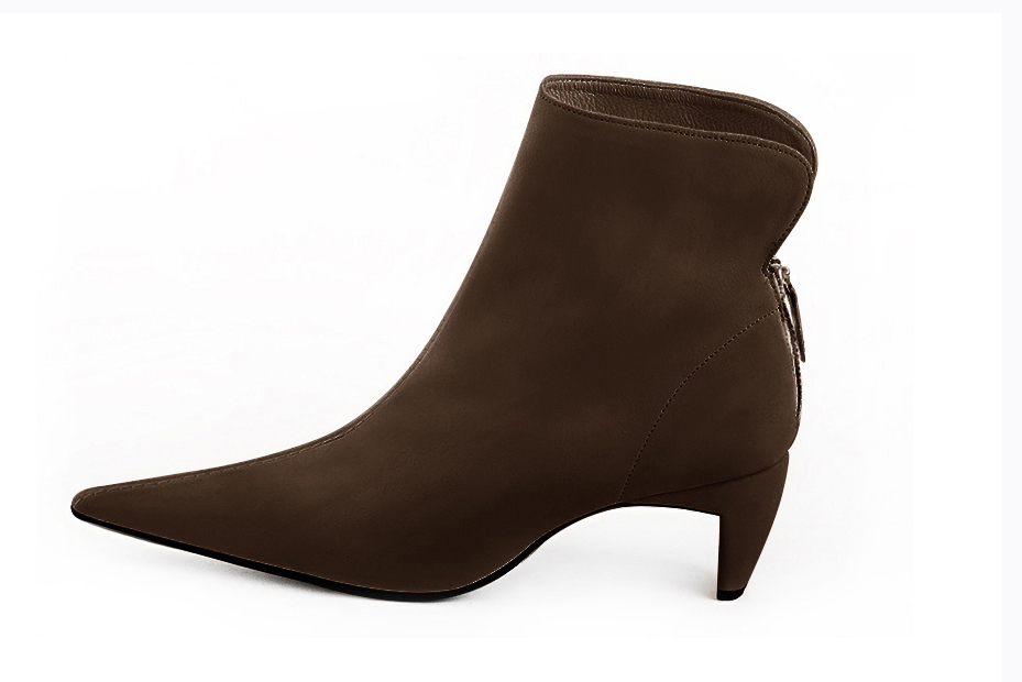 Dark brown women's ankle boots with a zip at the back. Pointed toe. Low comma heels. Profile view - Florence KOOIJMAN